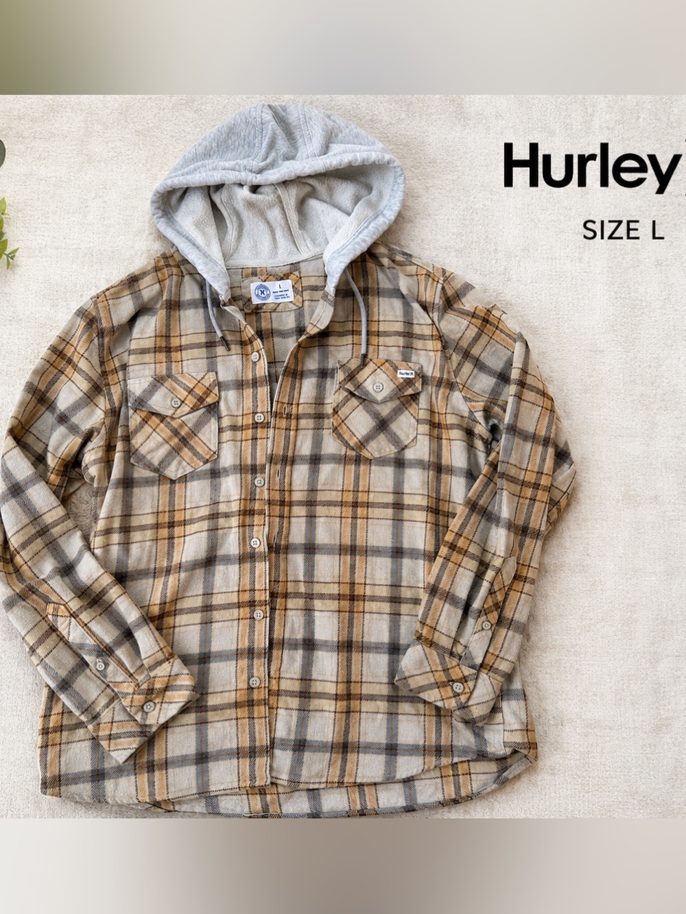 Hurley Hooded Flannel Shirt Shacket Plaid Button Front Hooded Size L